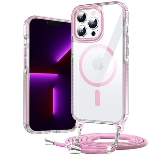 DOSNTO Umhängen Handyhülle für iPhone 13 Pro Hülle mit Magsafe [Abnehmbar Eckenschutz Handykette] Durchsichtig Magnetisch Dünn Case Military Stoßfest Hart Clear Schutzhülle mit Farbig Band Frau Mann von DOSNTO