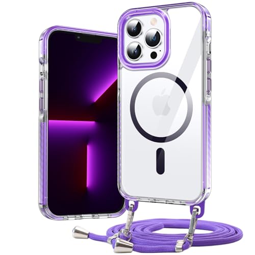 DOSNTO Umhängen Handyhülle für iPhone 13 Pro Hülle mit Magsafe [Abnehmbar Eckenschutz Handykette] Durchsichtig Magnetisch Dünn Case Military Stoßfest Hart Clear Schutzhülle mit Farbig Band Frau Mann von DOSNTO