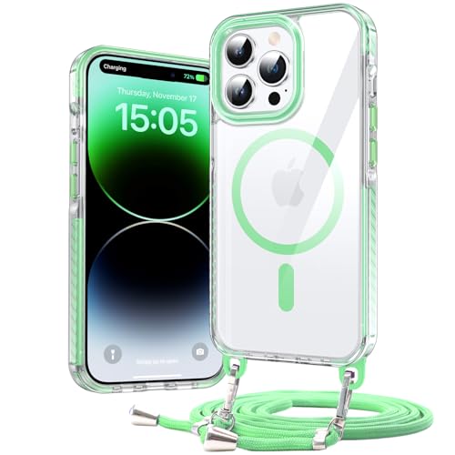 DOSNTO Umhängen Handyhülle für iPhone 14 Pro Hülle mit Magsafe [Abnehmbar Eckenschutz Handykette] Durchsichtig Magnetisch Dünn Case Military Stoßfest Hart Clear Schutzhülle mit Farbig Band Frau Mann von DOSNTO