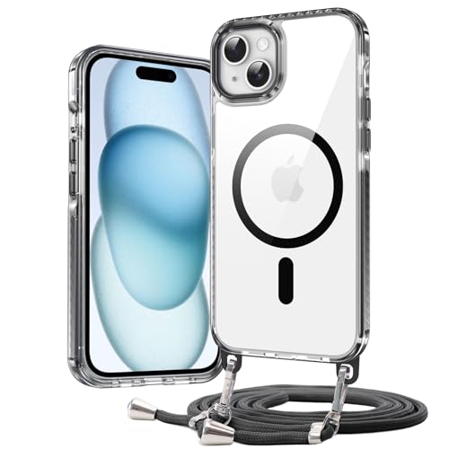 DOSNTO Umhängen Handyhülle für iPhone 15 Hülle mit Magsafe [Abnehmbar Eckenschutz Handykette] Durchsichtig Magnetisch Dünn Case Military Stoßfest Hart Clear Schutzhülle mit Farbig Band Frau Mann von DOSNTO
