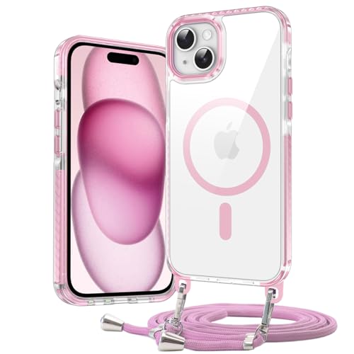 DOSNTO Umhängen Handyhülle für iPhone 15 Hülle mit Magsafe [Abnehmbar Eckenschutz Handykette] Durchsichtig Magnetisch Dünn Case Military Stoßfest Hart Clear Schutzhülle mit Farbig Band Frau Mann von DOSNTO