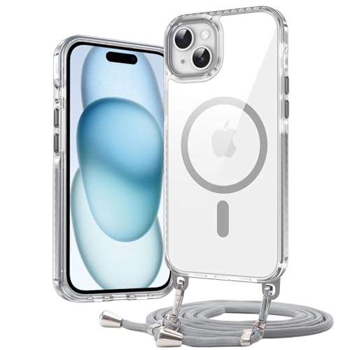 DOSNTO Umhängen Handyhülle für iPhone 15 Hülle mit Magsafe [Abnehmbar Eckenschutz Handykette] Durchsichtig Magnetisch Dünn Case Military Stoßfest Hart Clear Schutzhülle mit Farbig Band Frau Mann von DOSNTO