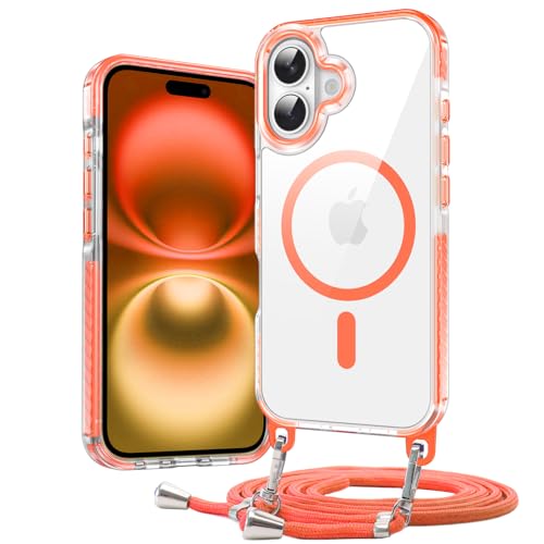 DOSNTO Umhängen Handyhülle für iPhone 16 Hülle mit Magsafe [Abnehmbar Eckenschutz Handykette] Durchsichtig Magnetisch Dünn Case Military Stoßfest Hart Clear Schutzhülle mit Farbig Band Frau Mann von DOSNTO