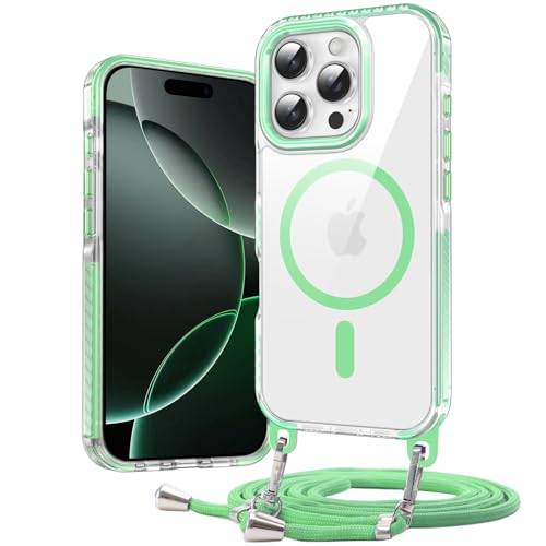 DOSNTO Umhängen Handyhülle für iPhone 16 Pro Hülle mit Magsafe [Abnehmbar Eckenschutz Handykette] Durchsichtig Magnetisch Dünn Case Military Stoßfest Hart Clear Schutzhülle mit Farbig Band Frau Mann von DOSNTO