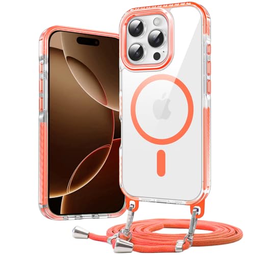 DOSNTO Umhängen Handyhülle für iPhone 16 Pro Hülle mit Magsafe [Abnehmbar Eckenschutz Handykette] Durchsichtig Magnetisch Dünn Case Military Stoßfest Hart Clear Schutzhülle mit Farbig Band Frau Mann von DOSNTO