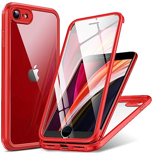 DOSNTO für iPhone SE 2022 5G Hülle, iPhone SE 2020/7/8 Hülle 360 Grad Ganzkörper Stoßfeste Fallschutz Handyhülle, Zweilagige Gehärtete [Glasscheibe] Schutz Telefonabdeckung Durchsichtig, Rot von DOSNTO