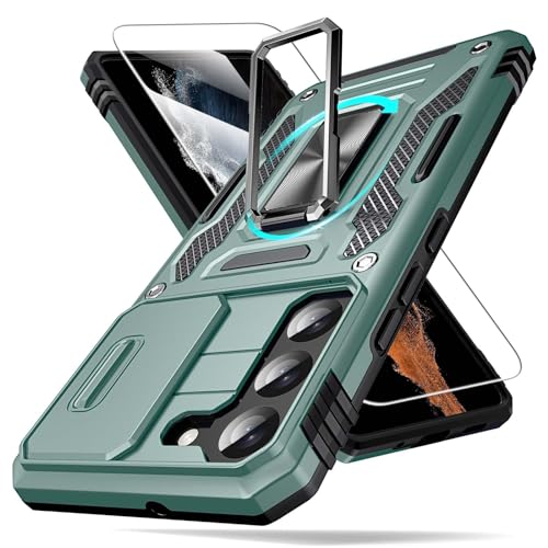 Defend Handyhülle für Samsung Galaxy S22 5G Hülle mit Magnetische Ring Ständer [2X Vergrößerung Metallplatte für Autohalterung] Militärischer Stoßfest Rugged Case Unzerstörbar Schutzhülle von DOSNTO