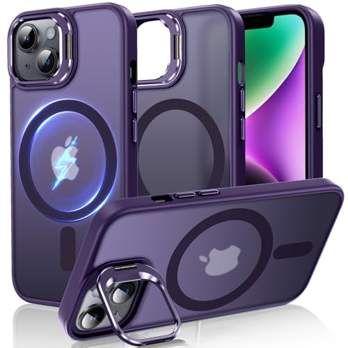 Handyhülle für iPhone 13/14 Hülle mit Kamera Ständer, kompatibel mit MagSafe, Magnetisch Case Militär Stoßfest Schutz Hart Schutzhülle, Dünn Transluzent Matt Kratzfeste Rückseite Eingebauter Stand von DOSNTO