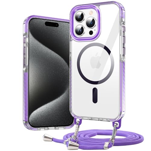 Umhängen Handyhülle für iPhone 15 Pro Max Hülle mit Magsafe [Abnehmbar Eckenschutz Handykette] Durchsichtig Magnetisch Dünn Case Military Stoßfest Hart Clear Schutzhülle mit Farbig Band Frau Mann von DOSNTO