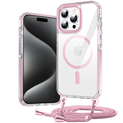 Umhängen Handyhülle für iPhone 15 Pro Max Hülle mit Magsafe [Abnehmbar Eckenschutz Handykette] Durchsichtig Magnetisch Dünn Case Military Stoßfest Hart Clear Schutzhülle mit Farbig Band Frau Mann von DOSNTO