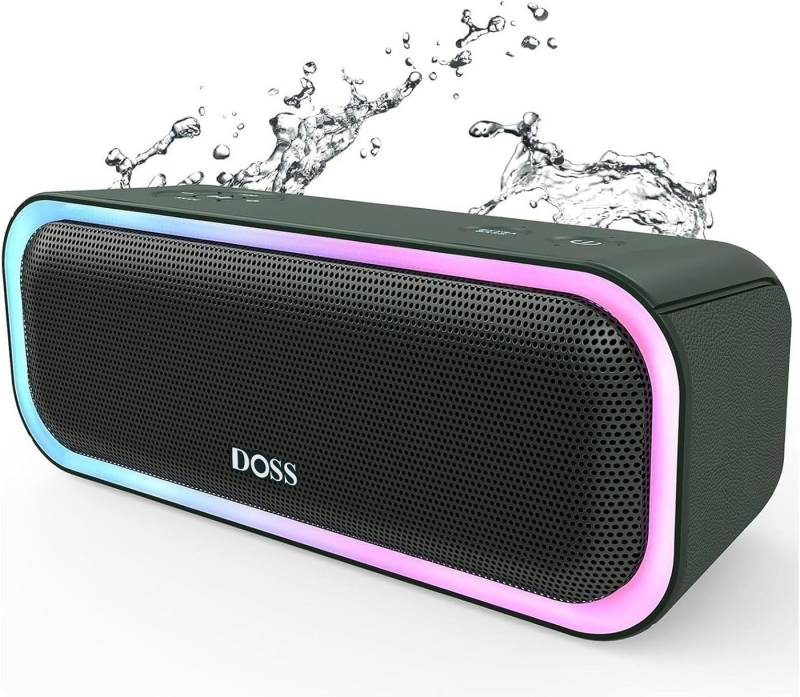 DOSS für, Draußen, Strand, Zuhause, Garten mit Mikrofon, AUX Bluetooth-Lautsprecher (Extra Bass IPX6 Wasserdicht 20 Stunden Akku Bunten Licht) von DOSS