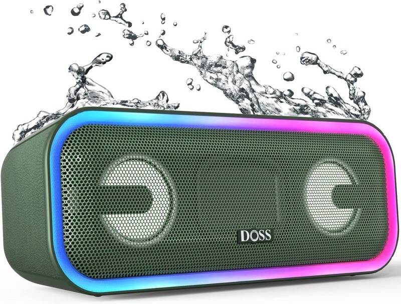 DOSS für Draußen Strand, Zuhause, Garten Musikbox Bluetooth-Lautsprecher (mit IPX6 Wasserdicht Dualen Bass-Treibern Stereo-Pairing, Bunten Licht) von DOSS