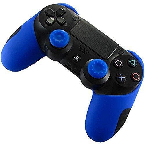 DOTBUY 1 x PS4 Dicker Hälfte Silikon Schutzhülle Sleeve + 2 Analog Cups Silikon Thumb Grips für Sony Playstation 4 Controller - Bundle (Blue) von DOTBUY