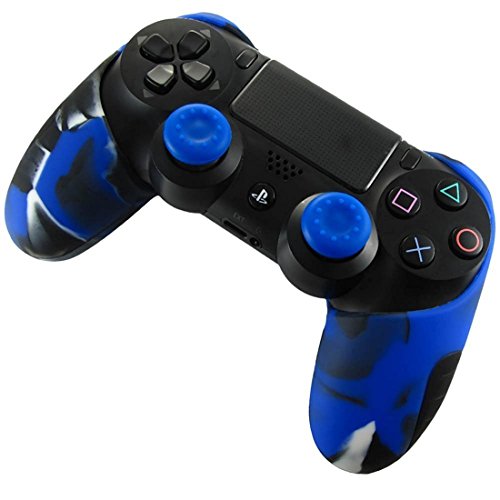 DOTBUY 1 x PS4 Dicker Hälfte Silikon Schutzhülle Sleeve + 2 Analog Cups Silikon Thumb Grips für Sony Playstation 4 Controller - Bundle (Camo Blue) von DOTBUY