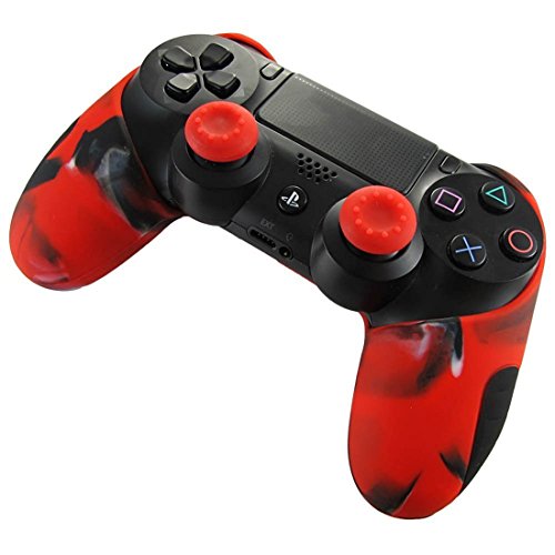 DOTBUY 1 x PS4 Dicker Hälfte Silikon Schutzhülle Sleeve + 2 Analog Cups Silikon Thumb Grips für Sony Playstation 4 Controller - Bundle (Camo Red) von DOTBUY