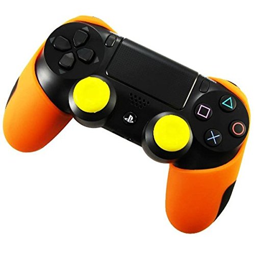 DOTBUY 1 x PS4 Dicker Hälfte Silikon Schutzhülle Sleeve + 2 Analog Cups Silikon Thumb Grips für Sony Playstation 4 Controller - Bundle (Orange) von DOTBUY