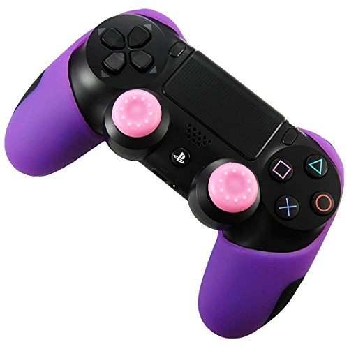DOTBUY 1 x PS4 Dicker Hälfte Silikon Schutzhülle Sleeve + 2 Analog Cups Silikon Thumb Grips für Sony Playstation 4 Controller - Bundle (Purple) von DOTBUY