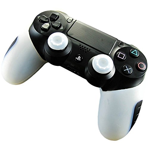 DOTBUY 1 x PS4 Dicker Hälfte Silikon Schutzhülle Sleeve + 2 Analog Cups Silikon Thumb Grips für Sony Playstation 4 Controller - Bundle (White) von DOTBUY