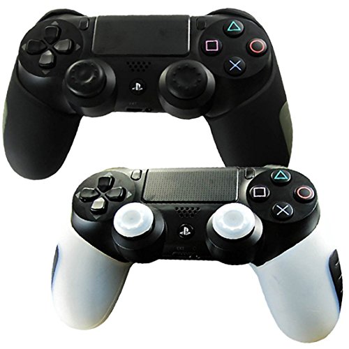 DOTBUY 2 x PS4 Dicker Hälfte Silikon Schutzhülle Sleeve + 4 Analog Cups Silikon Thumb Grips für Sony Playstation 4 Controller - Bundle (Black,White) von DOTBUY