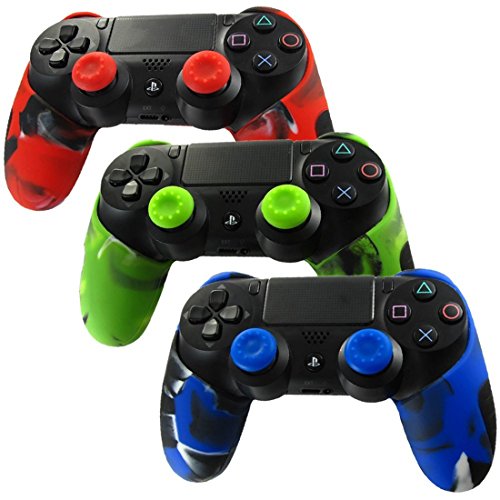 DOTBUY 3 x PS4 Dicker Hälfte Silikon Schutzhülle Sleeve + 6 Analog Cups Silikon Thumb Grips für Sony Playstation 4 Controller - Bundle (Camo Red,Green,Blue) von DOTBUY