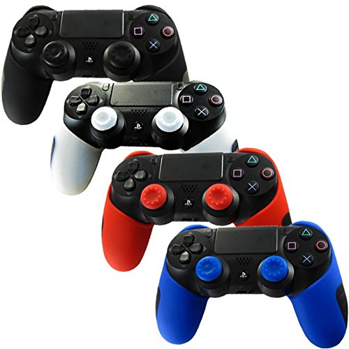 DOTBUY 4 x PS4 Dicker Hälfte Silikon Schutzhülle Sleeve + 8 Analog Cups Silikon Thumb Grips für Sony Playstation 4 Controller - Bundle (Black,White,Red,Blue) von DOTBUY