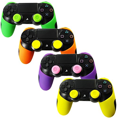 DOTBUY 4 x PS4 Dicker Hälfte Silikon Schutzhülle Sleeve + 8 Analog Cups Silikon Thumb Grips für Sony Playstation 4 Controller - Bundle (Green,Orange,Purple,Yellow) von DOTBUY