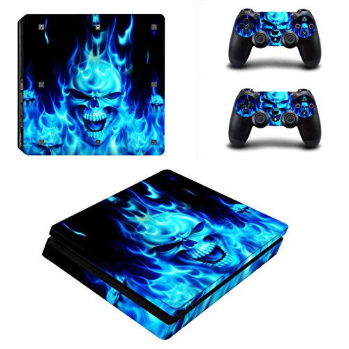 DOTBUY PS4 Slim Skin Aufkleber Sticker Design Folie schützende Haut Schale für Sony Playstation 4 Slim Konsole und 2 Dualshock Controller (Blue Fire Skull) von DOTBUY