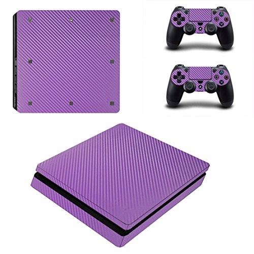 DOTBUY PS4 Slim Skin Aufkleber Sticker Design Folie schützende Haut Schale für Sony Playstation 4 Slim Konsole und 2 Dualshock Controller (Carbon Fiber Purple) von DOTBUY