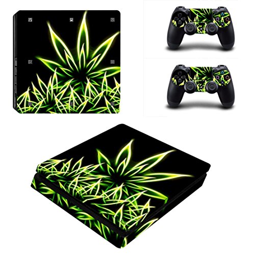 DOTBUY PS4 Slim Skin Aufkleber Sticker Design Folie schützende Haut Schale für Sony Playstation 4 Slim Konsole und 2 Dualshock Controller (Fluorescence Leaves) von DOTBUY