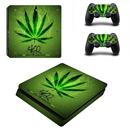 DOTBUY PS4 Slim Skin Aufkleber Sticker Design Folie schützende Haut Schale für Sony Playstation 4 Slim Konsole und 2 Dualshock Controller (Green Leaf) von DOTBUY