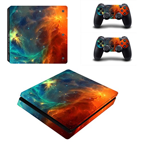 DOTBUY PS4 Slim Skin Aufkleber Sticker Design Folie schützende Haut Schale für Sony Playstation 4 Slim Konsole und 2 Dualshock Controller (Starry Blue-Orange) von DOTBUY