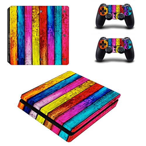 DOTBUY PS4 Slim Skin Aufkleber Sticker Design Folie schützende Haut Schale für Sony Playstation 4 Slim Konsole und 2 Dualshock Controller (Wood Rainbow) von DOTBUY