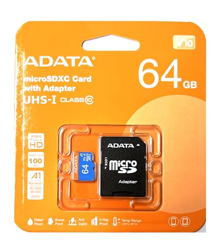 ADATA Micro SDXC Karte Speicherkarte.64GB mit SD Adapter Für Smartphones, Tablets, usw. A1, UHS-I, V10 bis 100 mb/s (64, GB) von DP