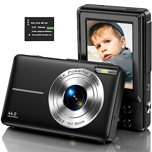 Digitalkamera 1080P Kinderkamera HD 44MP Fotokamera Kompaktkamera Fotoapparat Digitalkamera mit 2,4" Bildschirm und 16X Digitalzoom für Kinder, Studenten, Anfänger-Schwarz (1 Batterie ohne Karte) von DPFIHRGO