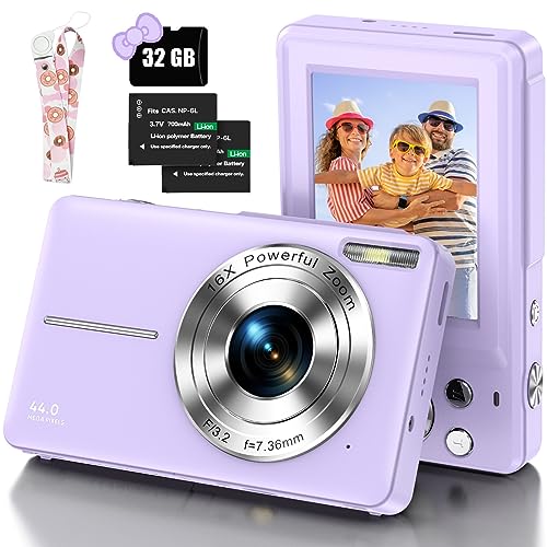 Digitalkamera mit 32G Micro SD-Karte, 1080P Kinderkamera 44MP HD Fotokamera Kompaktkamera mit 2,4" LCD Bildschirm 16X Digitalzoom und 1 Batterie für Kinder, Studenten, Anfänger-Lila von DPFIHRGO