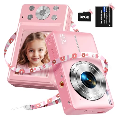 Digitalkamera mit 32G Micro SD-Karte, 1080P Kinderkamera 44MP HD Fotokamera Kompaktkamera mit 2,4" LCD Bildschirm 16X Digitalzoom und 1 Batterie für Kinder, Studenten, Anfänger-Rosa von DPFIHRGO