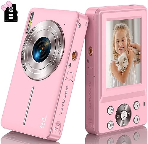 Digitalkamera mit 32G Micro SD-Karte, 1080P Kinderkamera 44MP HD Fotokamera Kompaktkamera mit 2,4" LCD Bildschirm 16X Digitalzoom und 1 Batterie für Kinder, Studenten, Anfänger-Rosa von DPFIHRGO