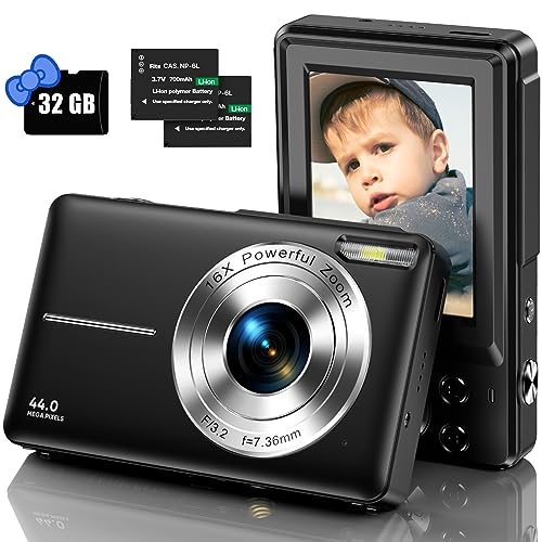 Digitalkamera mit 32G Micro SD-Karte, 1080P Kinderkamera 44MP HD Fotokamera Kompaktkamera mit 2,4" LCD Bildschirm 16X Digitalzoom und 1 Batterie für Kinder, Studenten, Anfänger-Schwarz von DPFIHRGO