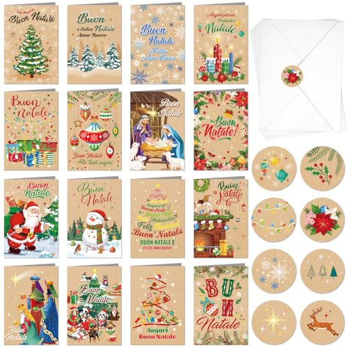 DPKOW 16 Natale Biglietti Auguri con Buste Adesive, Carta Kraft Biglietti di Auguri Buon Natale Cartoline Natalizie, Presepe Natalizio Biglietti Tanti Auguri Felice Anno Nuovo von DPKOW
