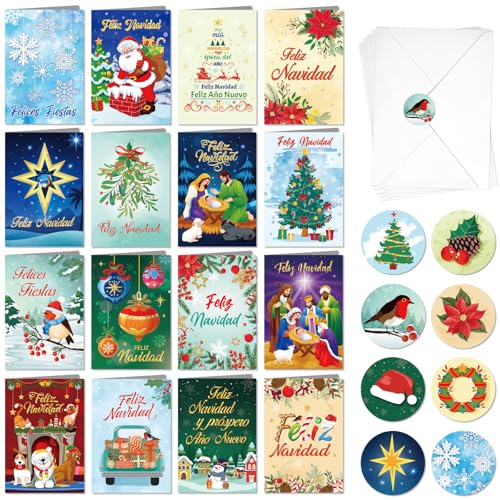 DPKOW 16 Navidad Tarjetas con Sobres Pegatinas, Español Tarjetas Navideñas Feliz Navidad Tarjetas de Felicitación Nacimiento Belen Navidad Postales Tarjetas Reyes Magos, Felicitaciones Navideñas von DPKOW