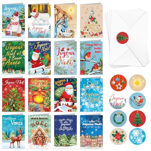 DPKOW 16 x Joyeux Noël Cartes de Vœux avec Enveloppe Autocollants, Français Noël Meilleurs Vœux Cartes Crèches de Noël Heureux Cartes Postales Joyeuses Fêtes Cartes pour Nouvel an Noël von DPKOW
