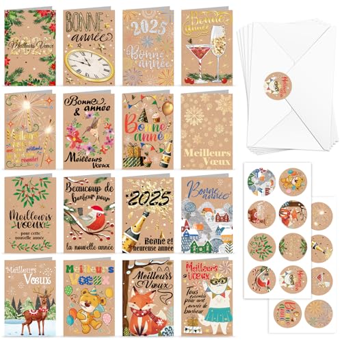 DPKOW 2025 Nouvel An Cartes de Vœux avec Enveloppe Autocollants, 16 x Papier Kraft Cartes de Nouvel An en Français, 2025 Bonne Année Cartes Meilleurs Vœux Nouvel An Postales Bonne Année von DPKOW