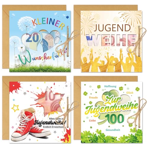 DPKOW Jugendweihe Geldgeschenk Verpackung, Jugendweihe Geschenke für Jungen Mädchen, 4 Stk Jugendweihe Karten Postkarte Geldkarte Jugendweihe Wunscherfüller Geldgeschenk, Glückwunschkarten Jugendweihe von DPKOW