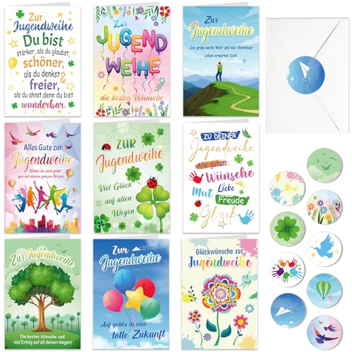 DPKOW Jugendweihe Karten mit Umschlag Aufklebern, 9 x Glückwünsche zur Jugendweihe Karten Set, Alles Gute zur Jugendweihe Karte Junge Mädchen, Glückwunschkarte Jugendweihe Postkarten von DPKOW