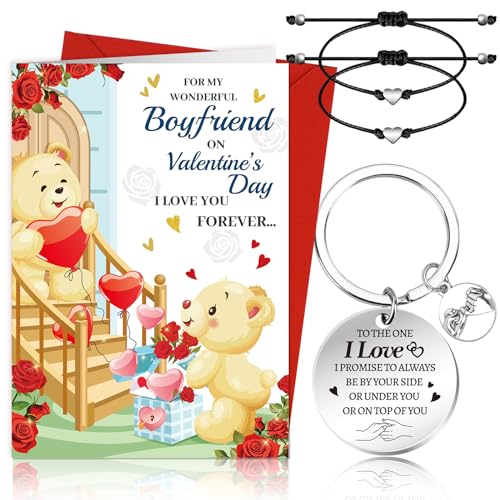 DPKOW Valentinsgeschenke für Ihn Freund, 1 Valentinskarte für Freund + 1 Valentins Schlüsselanhänger für Freund + 2 Herzarmbänder für Paare, Geburtstag Jubiläumsgeschenke für Ihn Freund Männer Paare von DPKOW