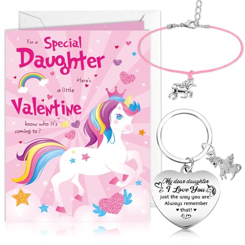 DPKOW Valentinstagsgeschenke für Sie Tochter, 1 Valentinskarte für Tochter + 1 Valentins Schlüsselanhänger für Tochter + 1 Einhorn Armband, Geburtstagsgeschenke für Tochter Valentinsgeschenke für Sie von DPKOW