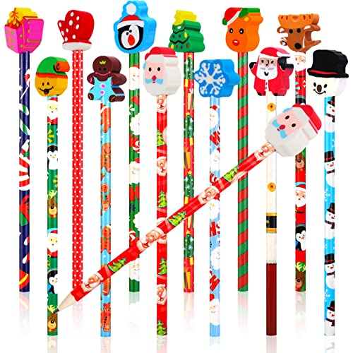 DPKOW Weihnachten Bleistifte Radiergummis, Weihnachten Thema festliche Kinder Schreibwaren Werkzeuge Bleistift mit Radiergummi für Partei Taschenfüller für Klasse Belohnungen Favorit, 24 Stück von DPKOW