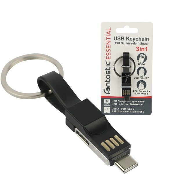 Schlüsselanhänger, Mini Lade- und Datenkabel schwarz Type-C, 8-PIN, Micro-USB auf USB-A, 13CM von DParts