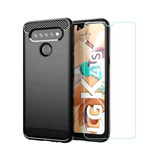 DQG Hülle für LG K41S (6.50"), Flexibel Kohlefaser TPU Weich Silikon Schutzhülle + Panzerglas Displayschutzfolie Tasche Cover Case für - Schwarz von DQG