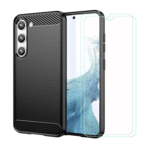 DQG Hülle für Samsung Galaxy S23, Weich Silikon Schutzhülle Flexibel Kohlefaser TPU + [2 Stück] Displayschutz Displayschutz Tasche Case für Samsung Galaxy S23 (6.10") - Schwarz von DQG